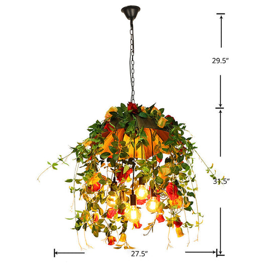 Rustic Metal Dome Chandelier With 5-Bulb Pendant Lighting Orange Art Flower And Leaf Design