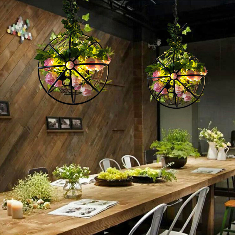 Industrial Metal Restaurant Chandelier with Artificial Plants - Suspended Lighting