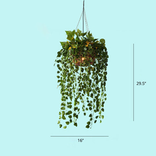 Industrial Style Metal Chandelier With Artificial Plant Suspension Lighting For Restaurants Green