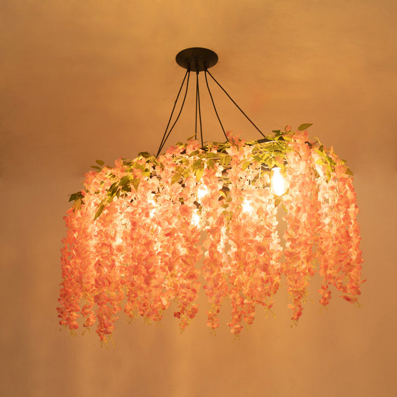 Metal Art Deco Chandelier with Artificial Flower Design for Dining Room Ceiling Lighting