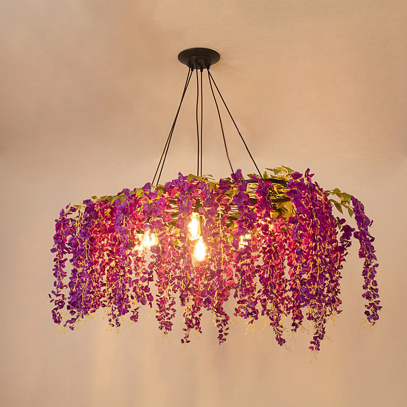 Artificial Flower Chandelier: Art Deco Metal Ceiling Light For Dining Room Dark Pink