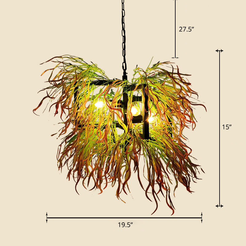 Industrial Cage Chandelier Pendant Light with Faux Plant Decor