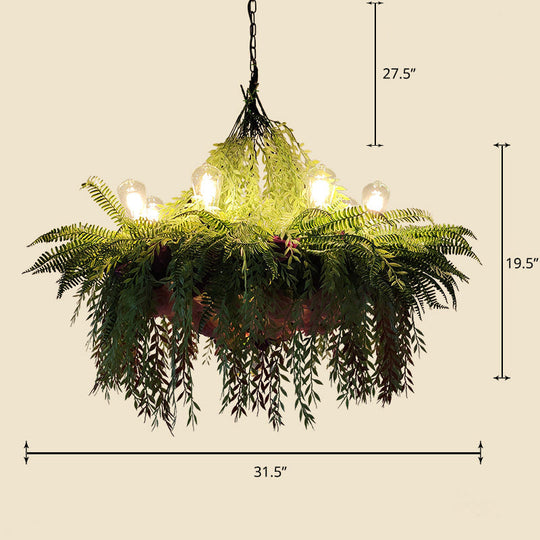 Industrial Cage Chandelier Pendant Light with Faux Plant Decor