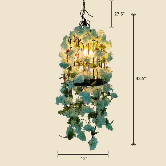 Iron Pendant Chandelier With Industrial Cage And Faux Plant Décor Blue