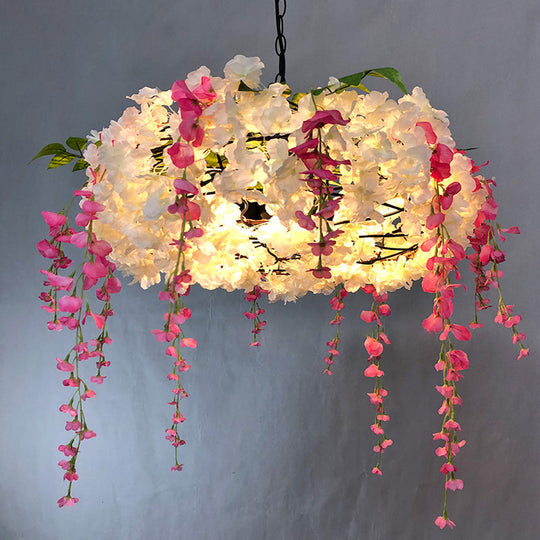 Round Cage Pendant Lamp with Floral Accents - Rustic Metal Chandelier, 3 Lights