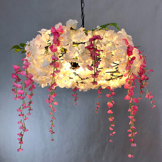 Metal Cage Pendant Lamp With 3 Lights And Floral Accents - Rural Chandelier White / 21.5