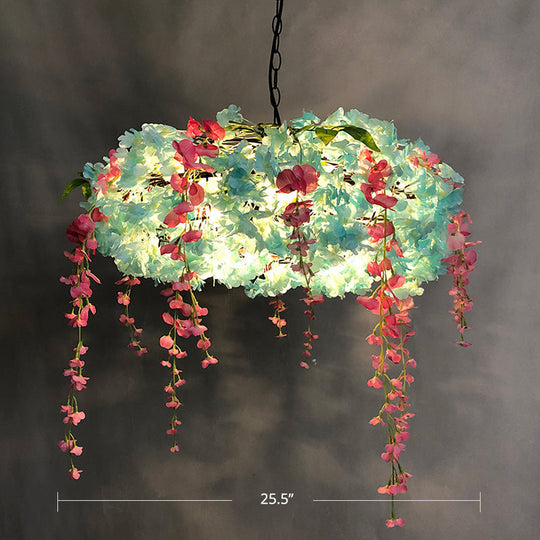 Metal Cage Pendant Lamp With 3 Lights And Floral Accents - Rural Chandelier Blue / 25.5