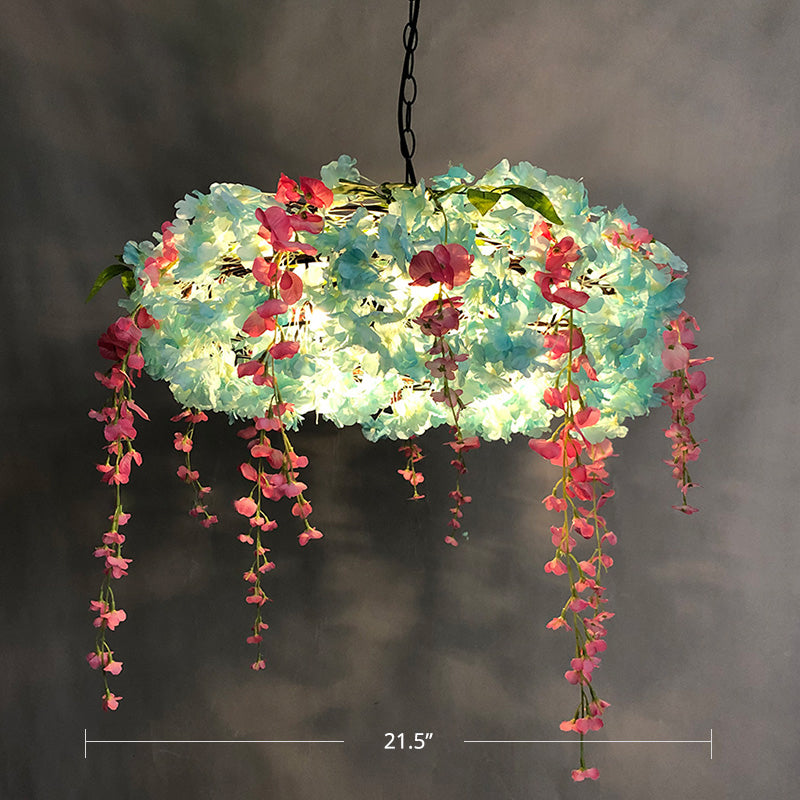 Round Cage Pendant Lamp with Floral Accents - Rustic Metal Chandelier, 3 Lights