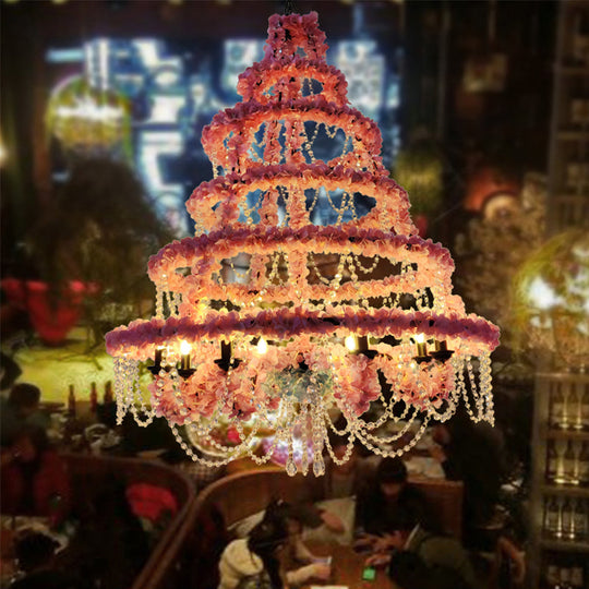 Rustic Metal Pendant Chandelier With Plant Decorations For Restaurant Ceiling Pink