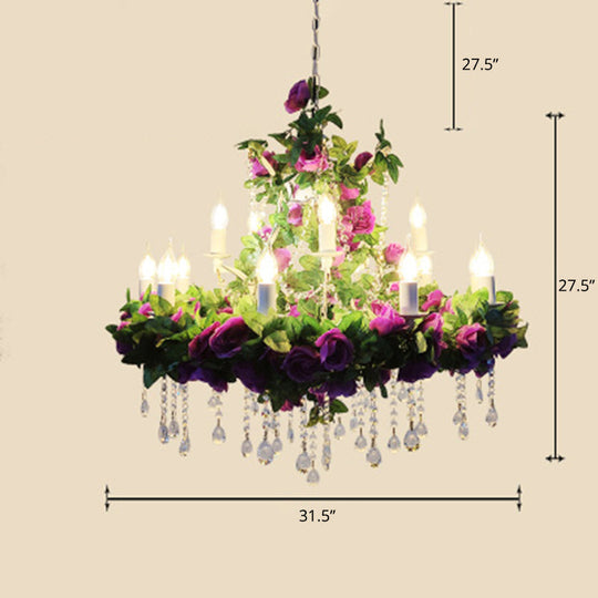 Rustic Metal Chandelier with Candle Pendant and Plant Decorations for Restaurant Ceiling