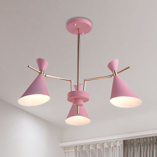 Nordic Horn-Shaped Iron Hanging Lamp Fixture With 3 Lights For Dining Room Pink