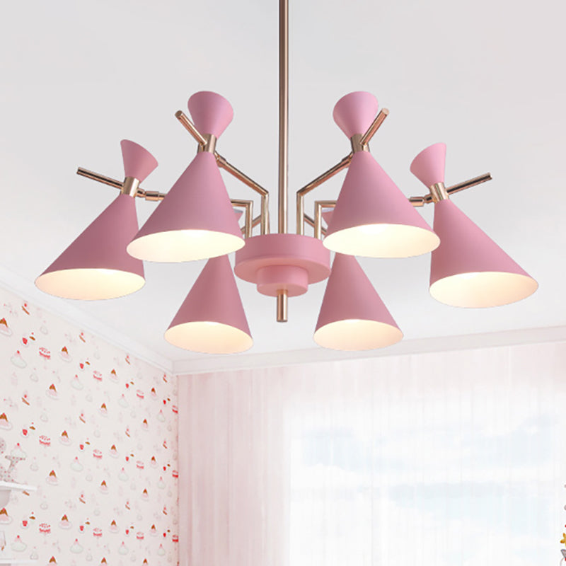 Modern Metal Horn Shape Ceiling Lamp - 6 Light Hanging Chandelier For Bedroom Pink