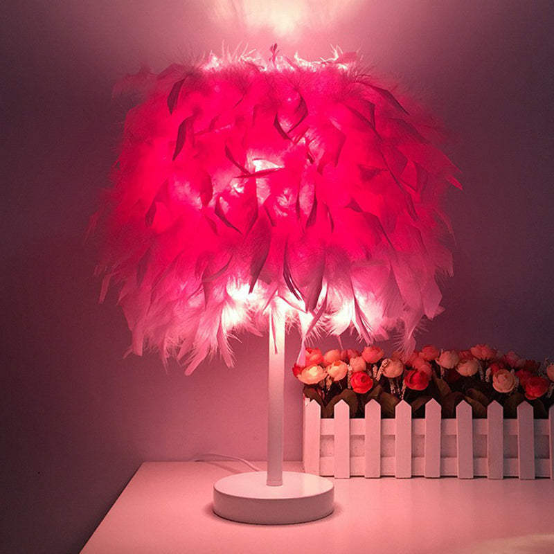 Nordic Feather Cylinder Table Lamp: Single-Bulb Nightstand Lighting For Bedroom White / Pink