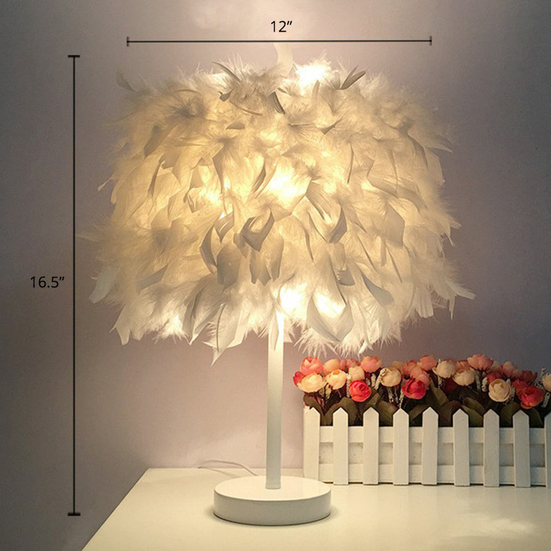 Nordic Feather Cylinder Table Lamp: Single-Bulb Nightstand Lighting For Bedroom