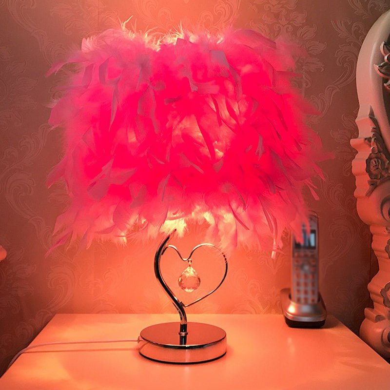 Nordic Feather Cylinder Table Lamp: Single-Bulb Nightstand Lighting For Bedroom Silver / Pink