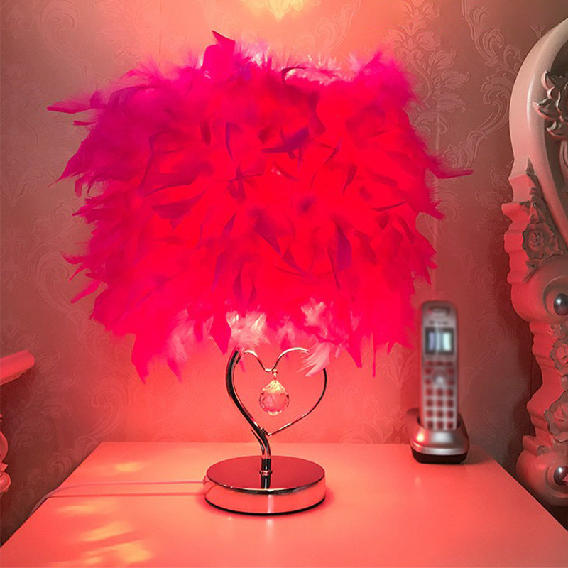 Nordic Feather Cylinder Table Lamp: Single-Bulb Nightstand Lighting For Bedroom Silver / Rose Red