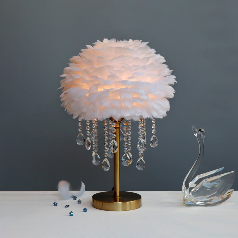 Romantic Feather Table Lamp: Modern Domed 1-Light Night Light With Crystal Decor