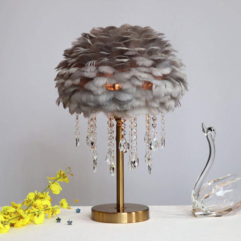 Romantic Feather Table Lamp: Modern Domed 1-Light Night Light With Crystal Decor