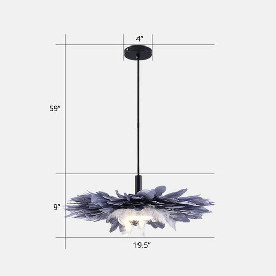 Luminaire suspendu artistique à 1 tête en plumes florales noires et bleues pour chambre à coucher