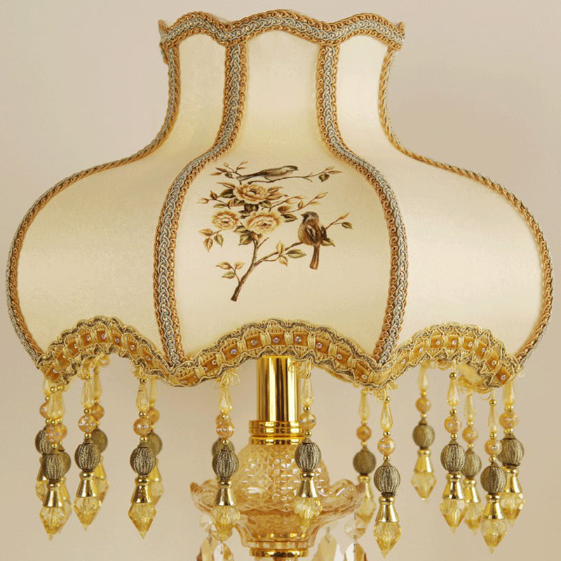 Scalloped Gold Table Light With Crystal Drops - Traditional 1-Head Night Lamp