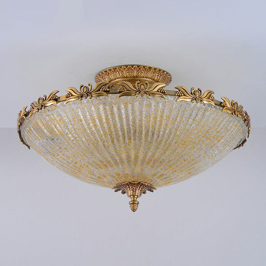 Brass Semi-Flush Antiqued Bowl Light with Clear Variegated Glass