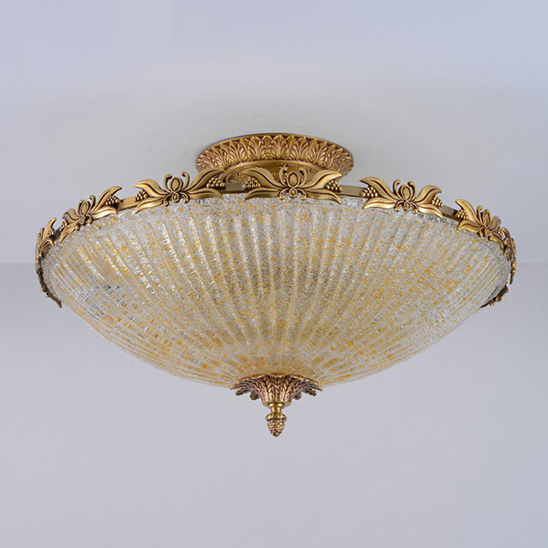 Brass Semi-Flush Antiqued Bowl Light With Clear Variegated Glass