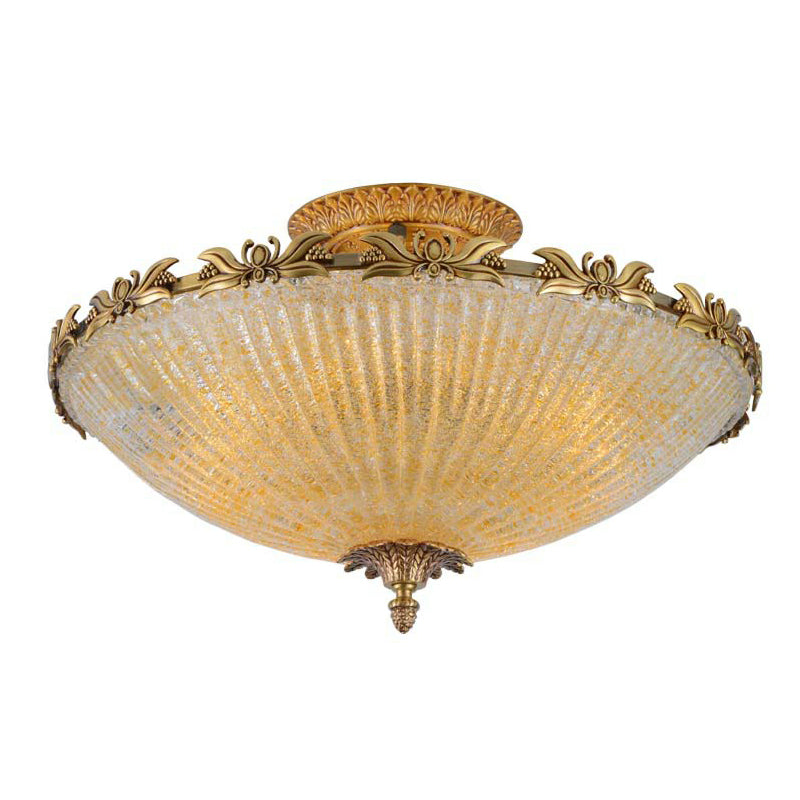 Brass Semi-Flush Antiqued Bowl Light with Clear Variegated Glass