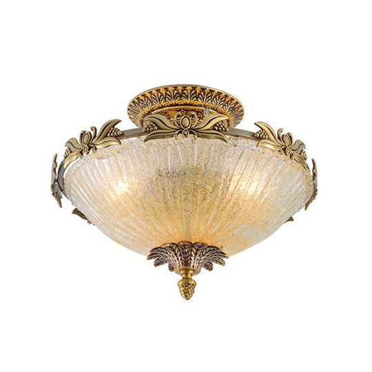 Brass Semi-Flush Antiqued Bowl Light with Clear Variegated Glass