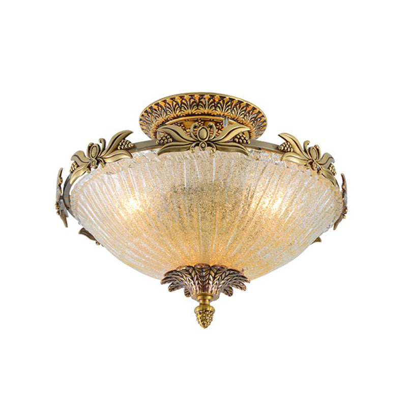 Semi Mount Lighting in Brass with Antiqued Bowl Shaped Flush Light and Clear Variegated Glass