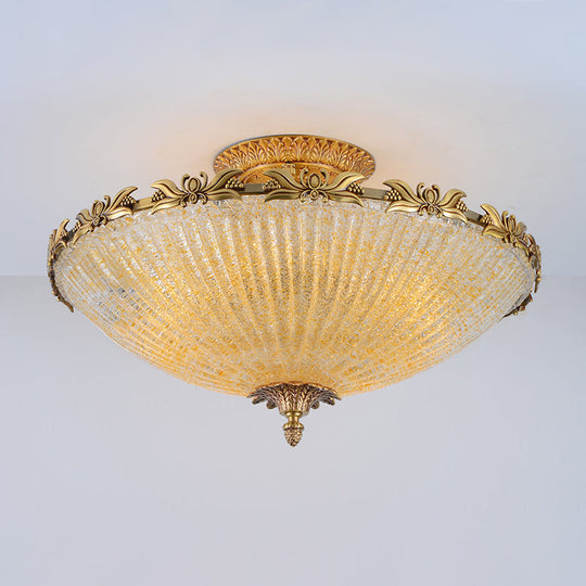 Brass Semi-Flush Antiqued Bowl Light with Clear Variegated Glass