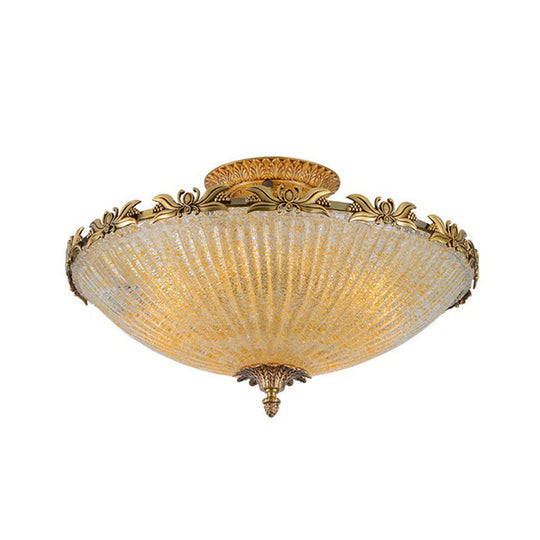 Brass Semi-Flush Antiqued Bowl Light with Clear Variegated Glass