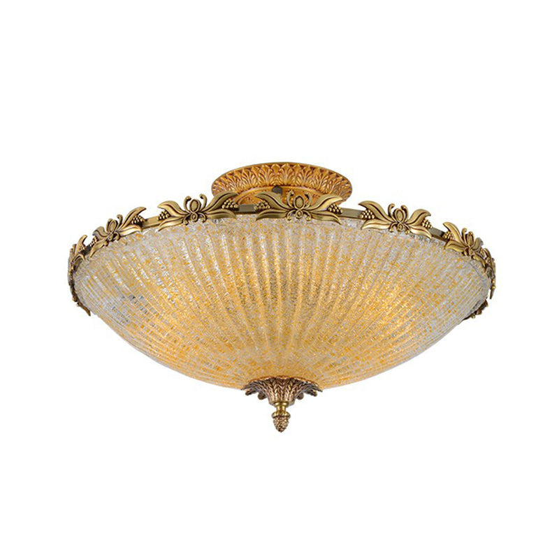 Semi Mount Lighting in Brass with Antiqued Bowl Shaped Flush Light and Clear Variegated Glass