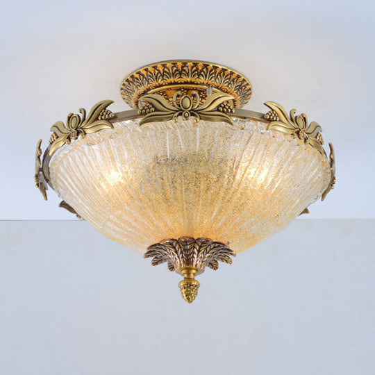 Brass Semi-Flush Antiqued Bowl Light with Clear Variegated Glass