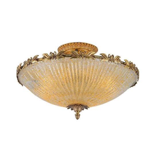 Brass Semi-Flush Antiqued Bowl Light with Clear Variegated Glass