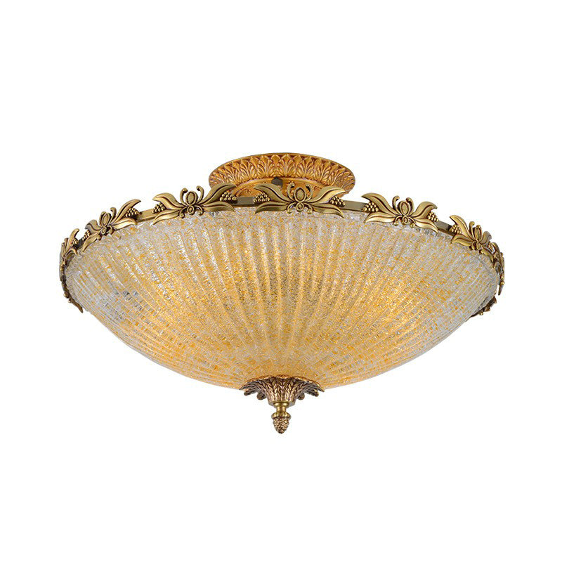 Brass Semi-Flush Antiqued Bowl Light With Clear Variegated Glass