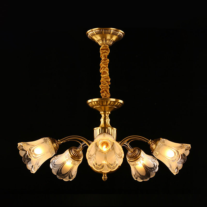 Gold Frosted Glass Flower Chandelier - Colonial Style Suspension Light 5 /