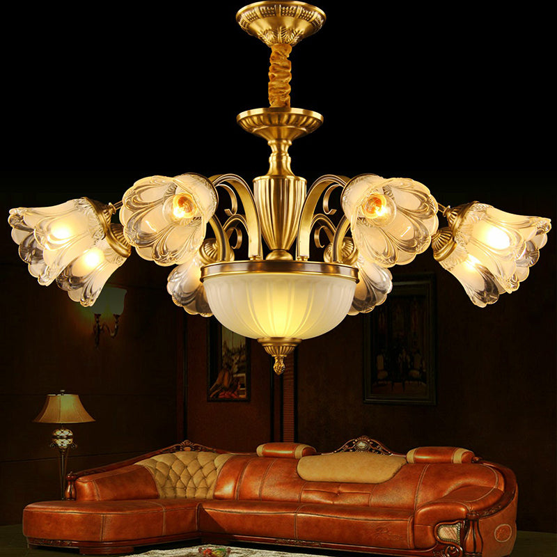 Gold Frosted Glass Flower Chandelier - Colonial Style Suspension Light