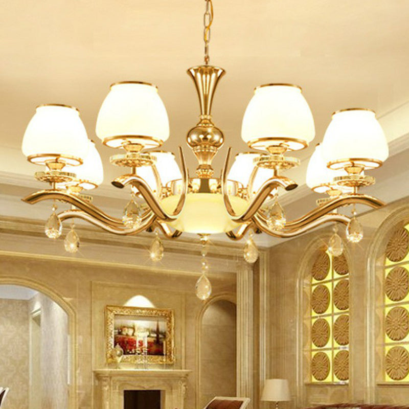 Minimalist Gold Finish Chandelier Lamp: Tapered White Glass Hanging Light For Sitting Room 8 /