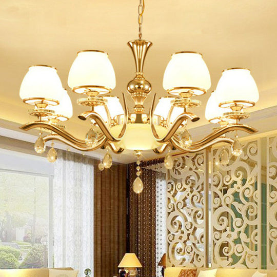 Minimalist Gold Finish Chandelier Lamp: Tapered White Glass Hanging Light For Sitting Room