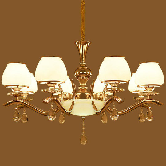 Minimalist Gold Finish Chandelier Lamp: Tapered White Glass Hanging Light For Sitting Room