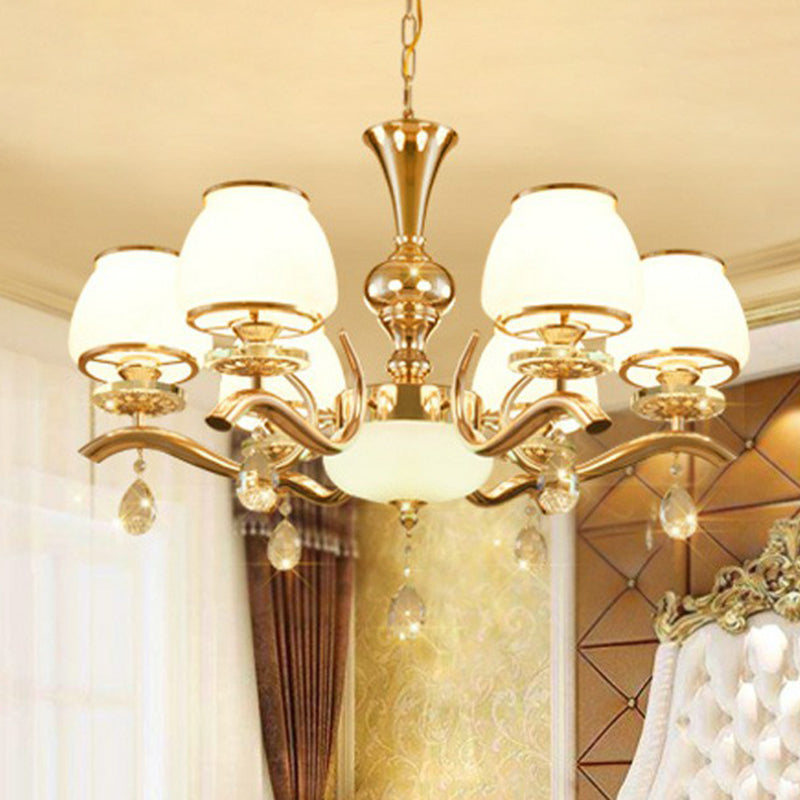 Minimalist Gold Finish Chandelier Lamp: Tapered White Glass Hanging Light For Sitting Room