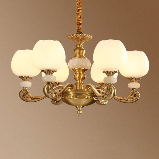 6-Bulb Traditional Ivory Glass Flowerbud Chandelier In Gold - Stylish Hanging Ceiling Light