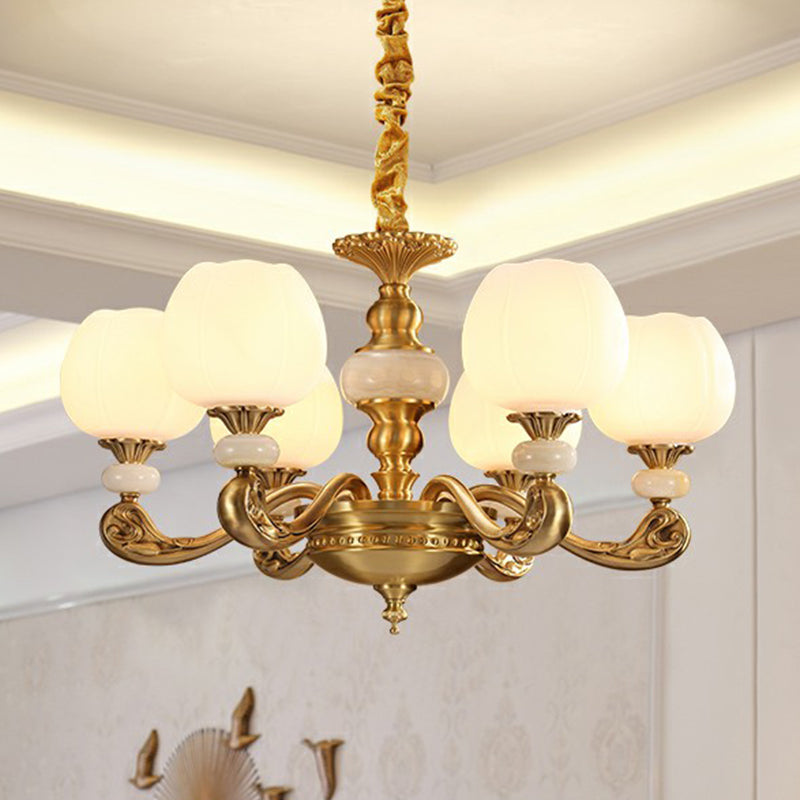 6-Bulb Traditional Ivory Glass Flowerbud Chandelier In Gold - Stylish Hanging Ceiling Light