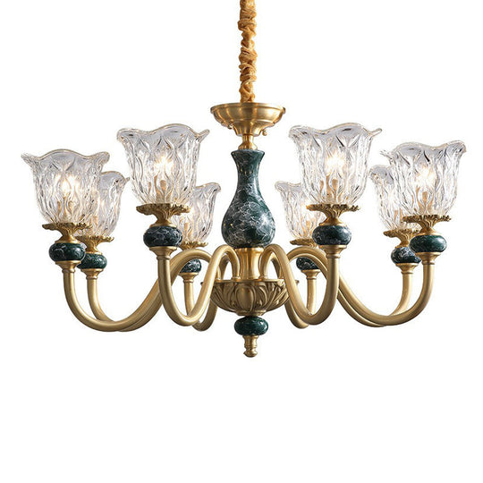 Colonial Brass Chandelier: Clear Glass Flower Up Suspended Lighting Fixture For Living Room