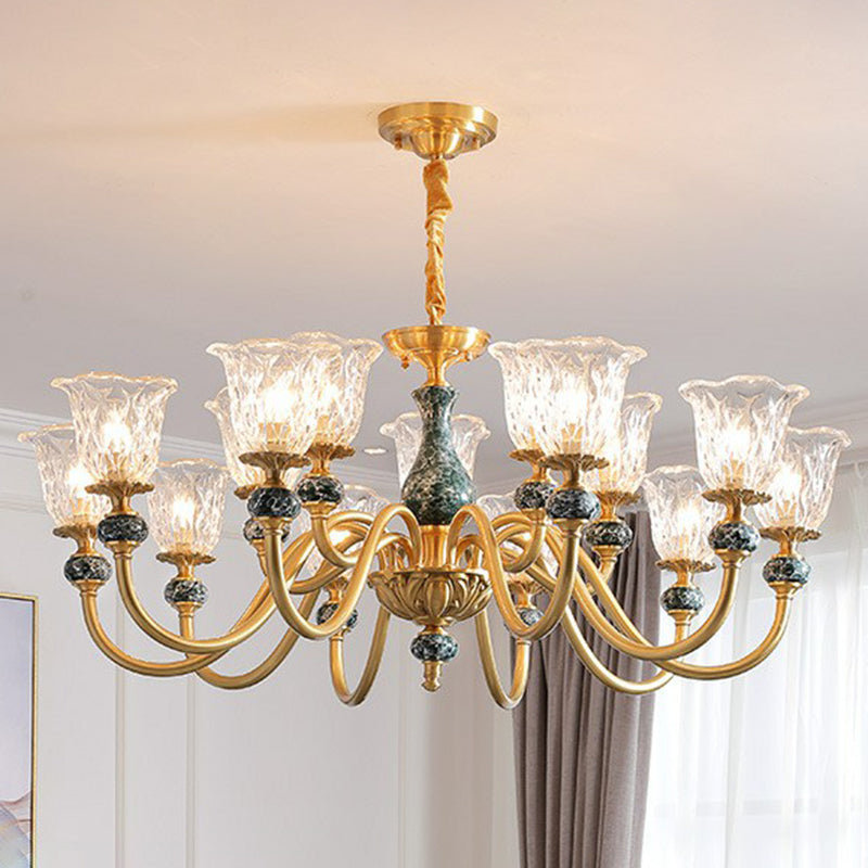 Colonial Brass Chandelier: Clear Glass Flower Up Suspended Lighting Fixture For Living Room