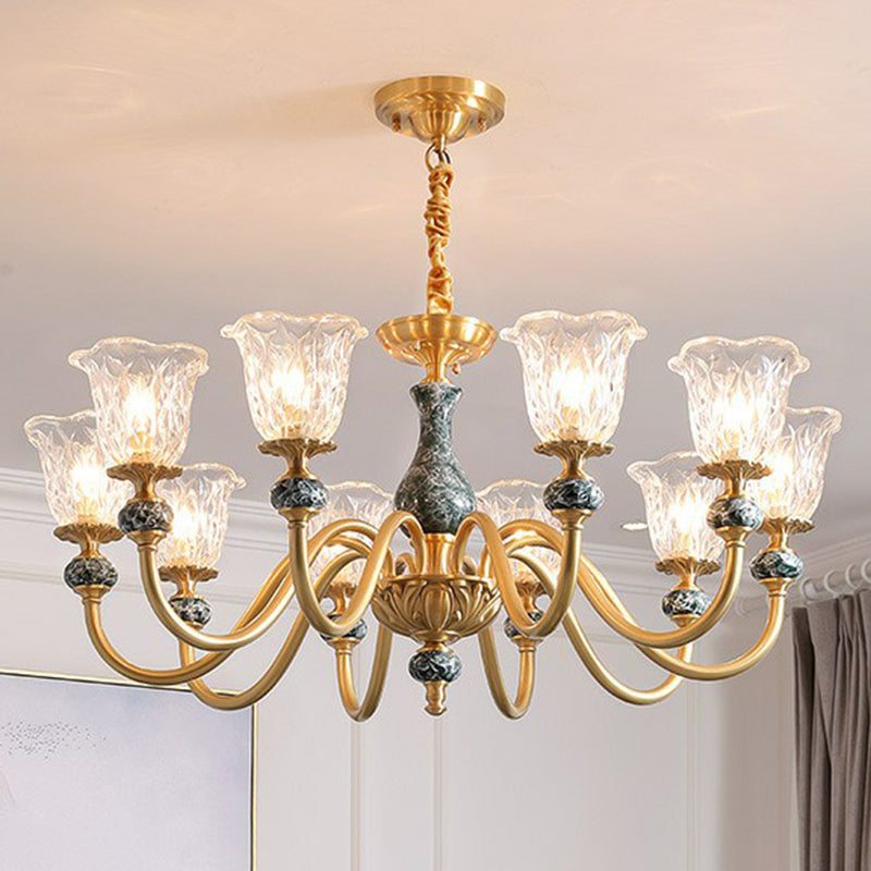 Colonial Brass Chandelier: Clear Glass Flower Up Suspended Lighting Fixture For Living Room