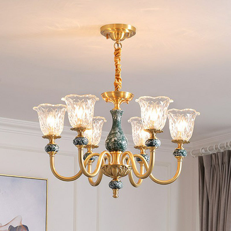 Colonial Brass Chandelier: Clear Glass Flower Up Suspended Lighting Fixture For Living Room