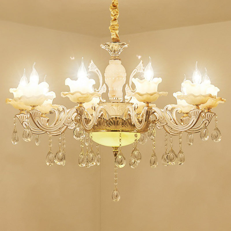 Classic White Faux Candle Chandelier For Living Room With Frosted Glass Pendant And Crystal Décor