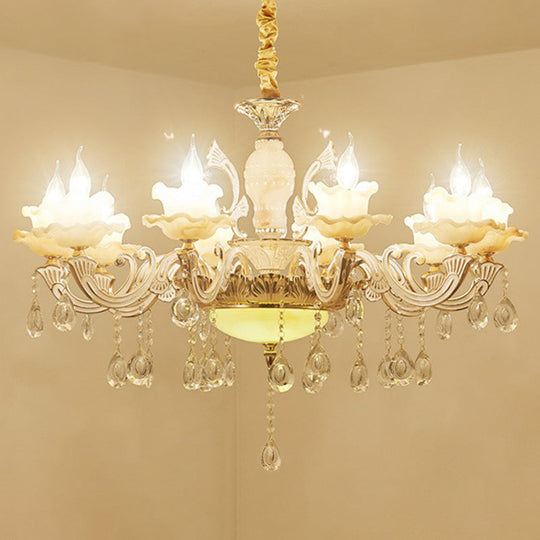 Classic White Faux Candle Chandelier For Living Room With Frosted Glass Pendant And Crystal Décor