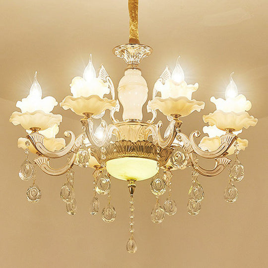 Classic White Faux Candle Chandelier For Living Room With Frosted Glass Pendant And Crystal Décor